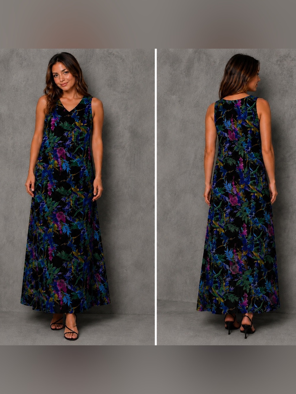 Sleeveless V-Neck Floral Maxi Dress in Black and Jewel Tones